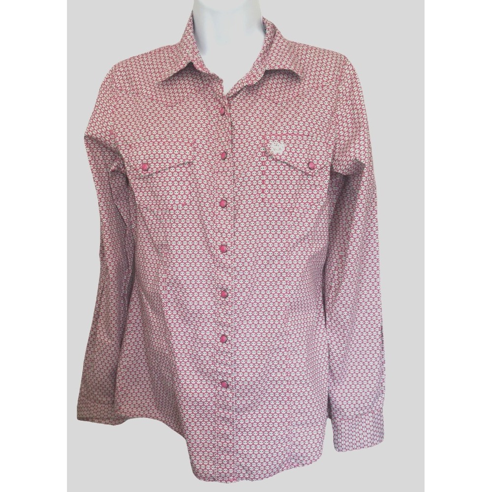 Cinch Women's M Shirt Pearl Snap Cotton Cowgirl Western Blouse Pink Green Print
